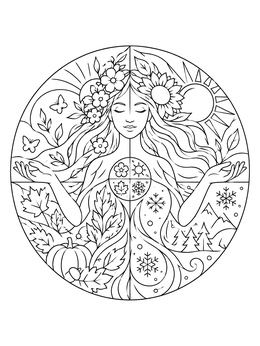 A four seasons mother nature coloring page featuring nature elements in a circular mandala design.