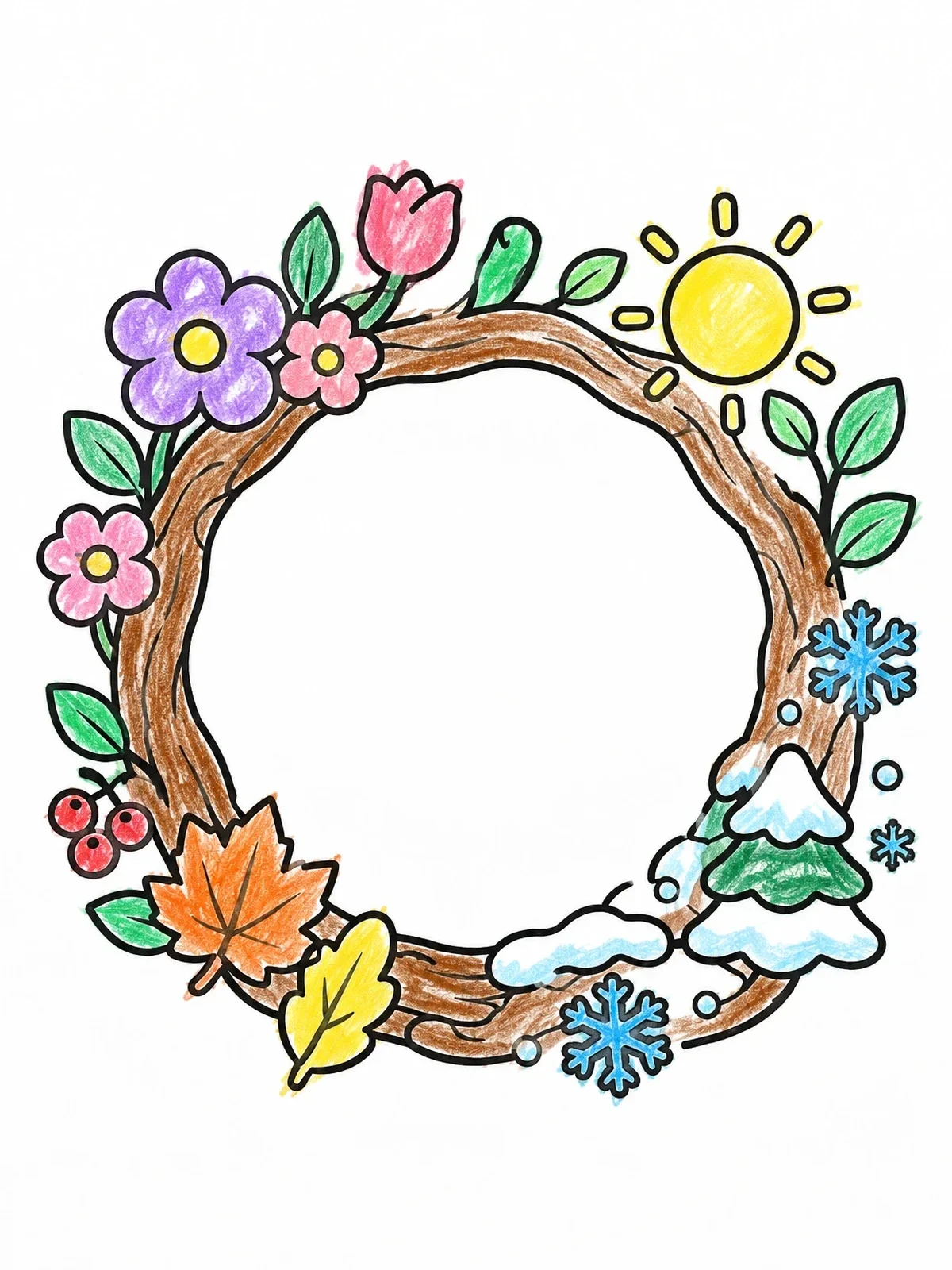 Colored example of the Four Seasons Nature Wreath coloring page