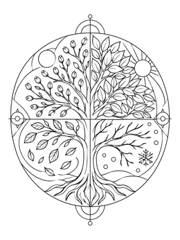 A four seasons tree of life coloring page set within a circular mandala design.
