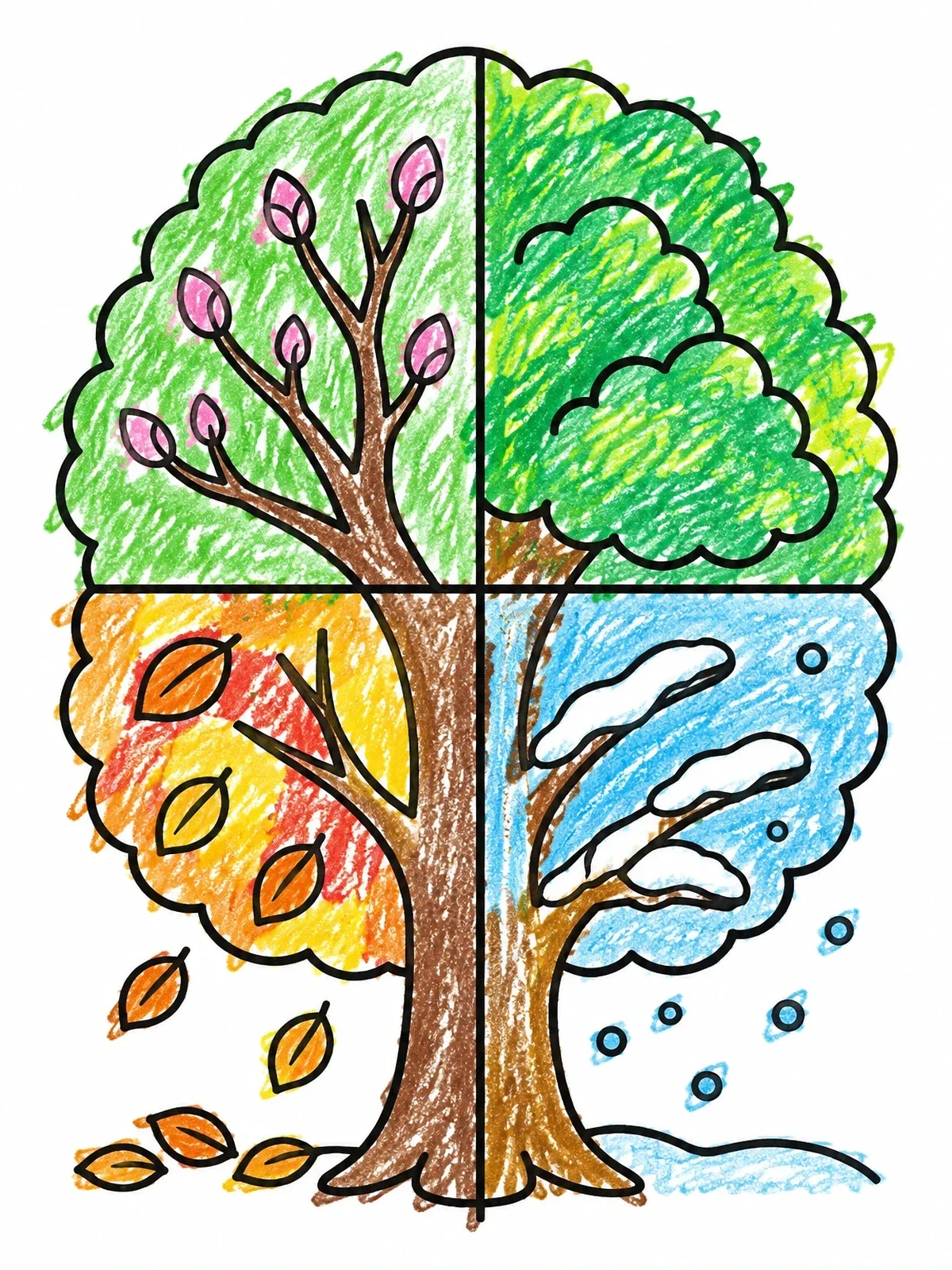 Colored example of the Four Seasons Tree Quadrants coloring page