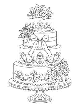 A four-tier wedding cake coloring page decorated with roses and intricate icing patterns.