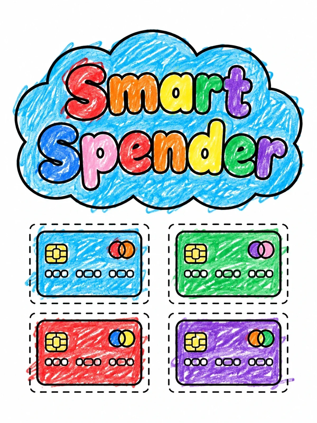 Colored example of the Smart Spender Play Credit Cards coloring page