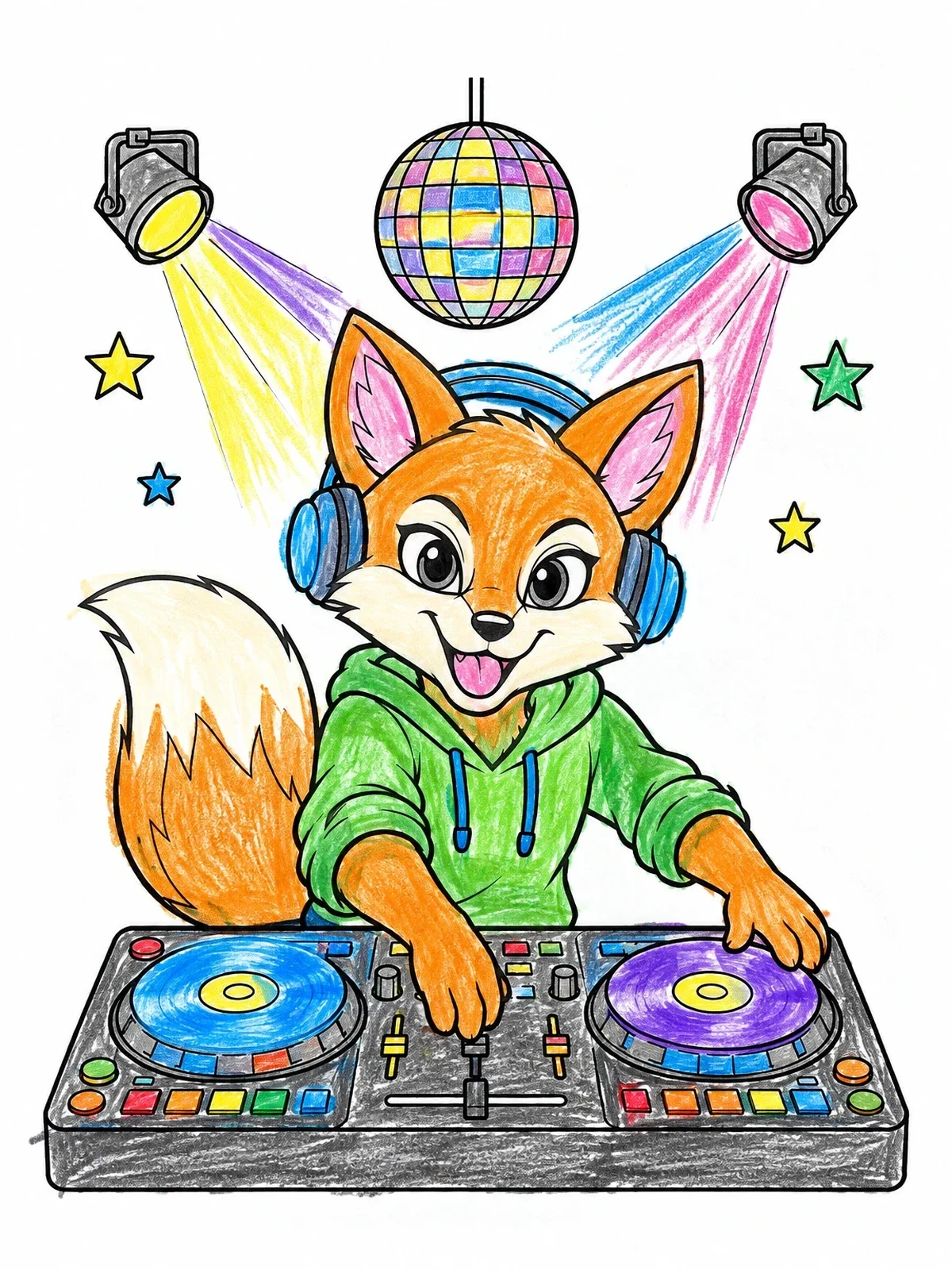 Colored example of the Fox Dj At The Turntables coloring page