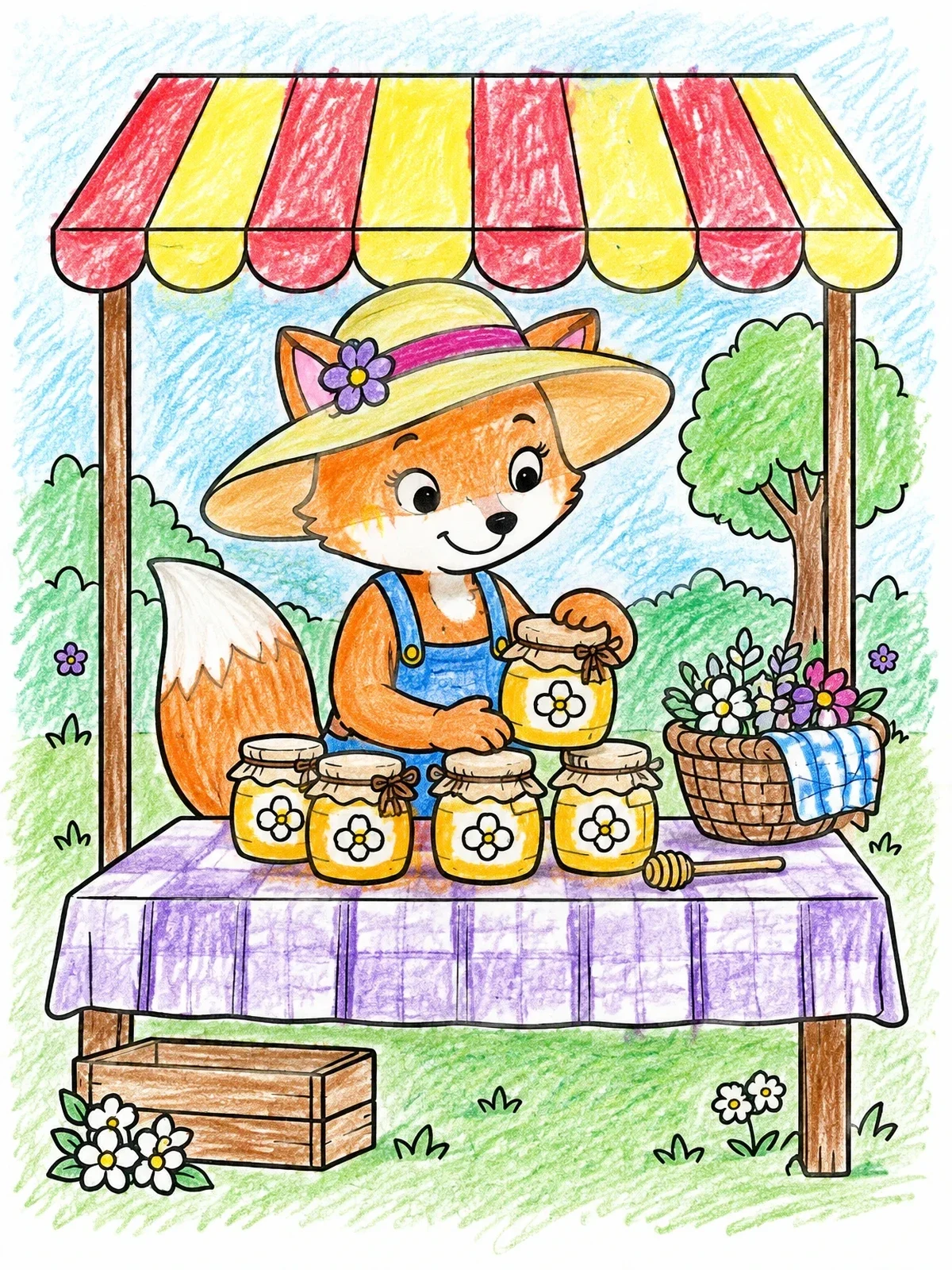 Colored example of the Little Fox Selling Honey Jars coloring page