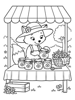 Free printable Little Fox Selling Honey Jars coloring page