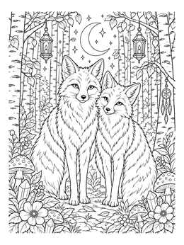 A fox coloring page showing a cozy fox pair beneath lanterns, birch trees, and a crescent moon.
