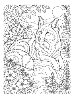 Detailed fox coloring page showing a graceful fox resting on rocks surrounded by flowers and trees.
