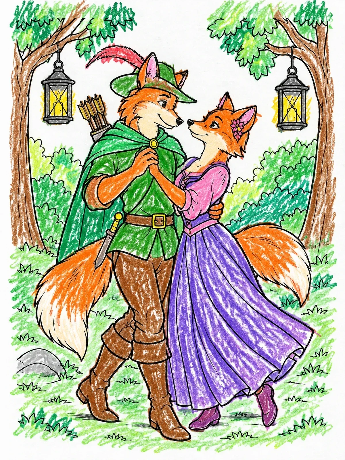 Colored example of the Fox Robin Hood Dancing In Forest coloring page