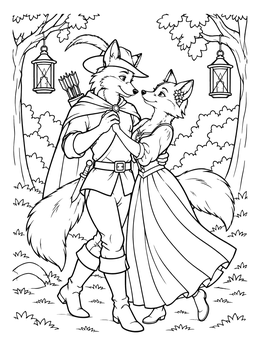Two fox outlaws dancing in a forest glade on this robin hood coloring page.