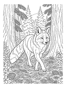 A fluffy fox strides along a trail in this pine forest coloring page with tall evergreens.