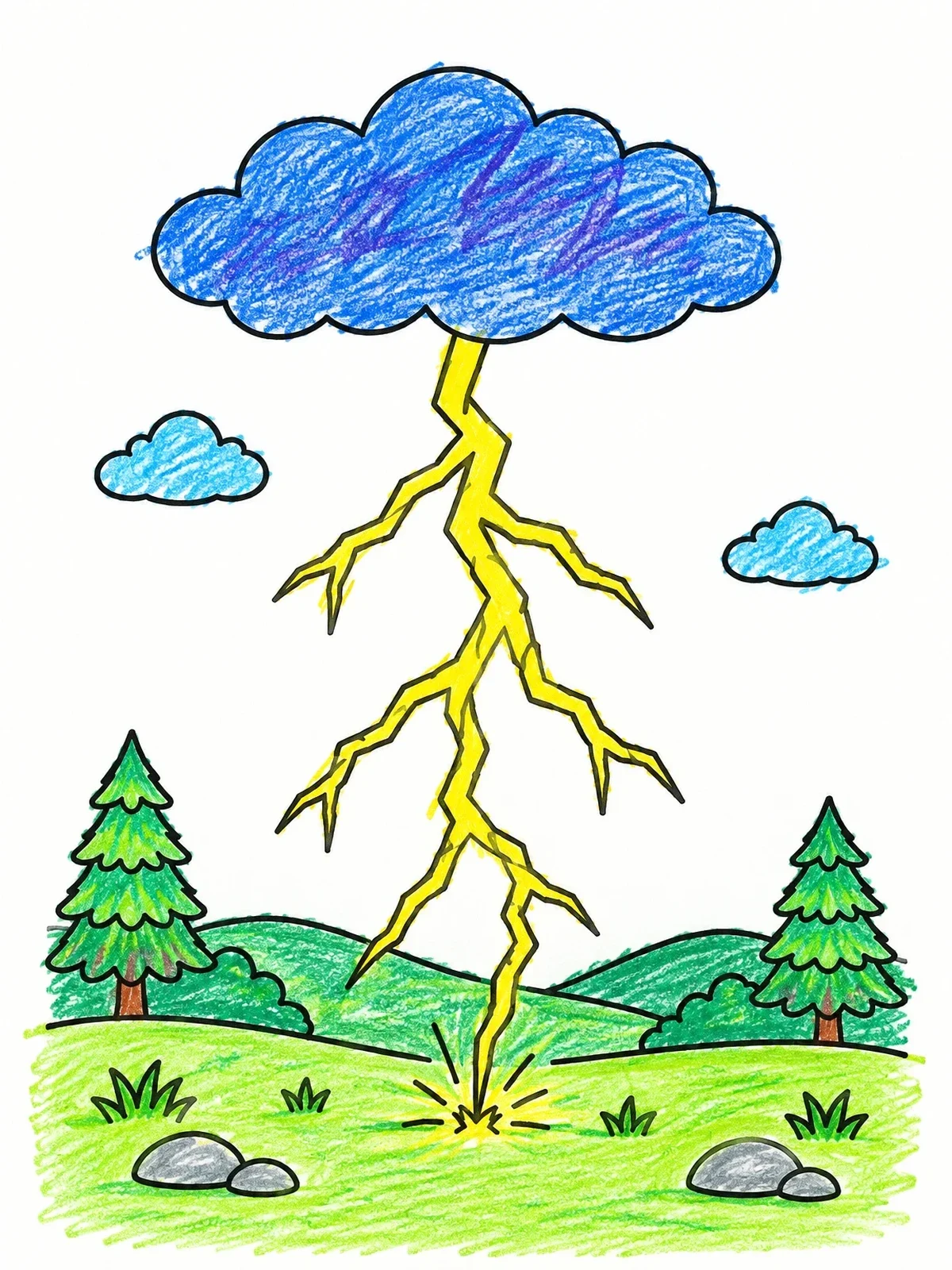 Colored example of the Branching Lightning Bolt Over Forest coloring page