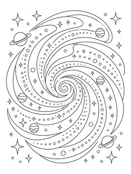 A cosmic spiral in this fractal coloring page surrounded by planets and stars.