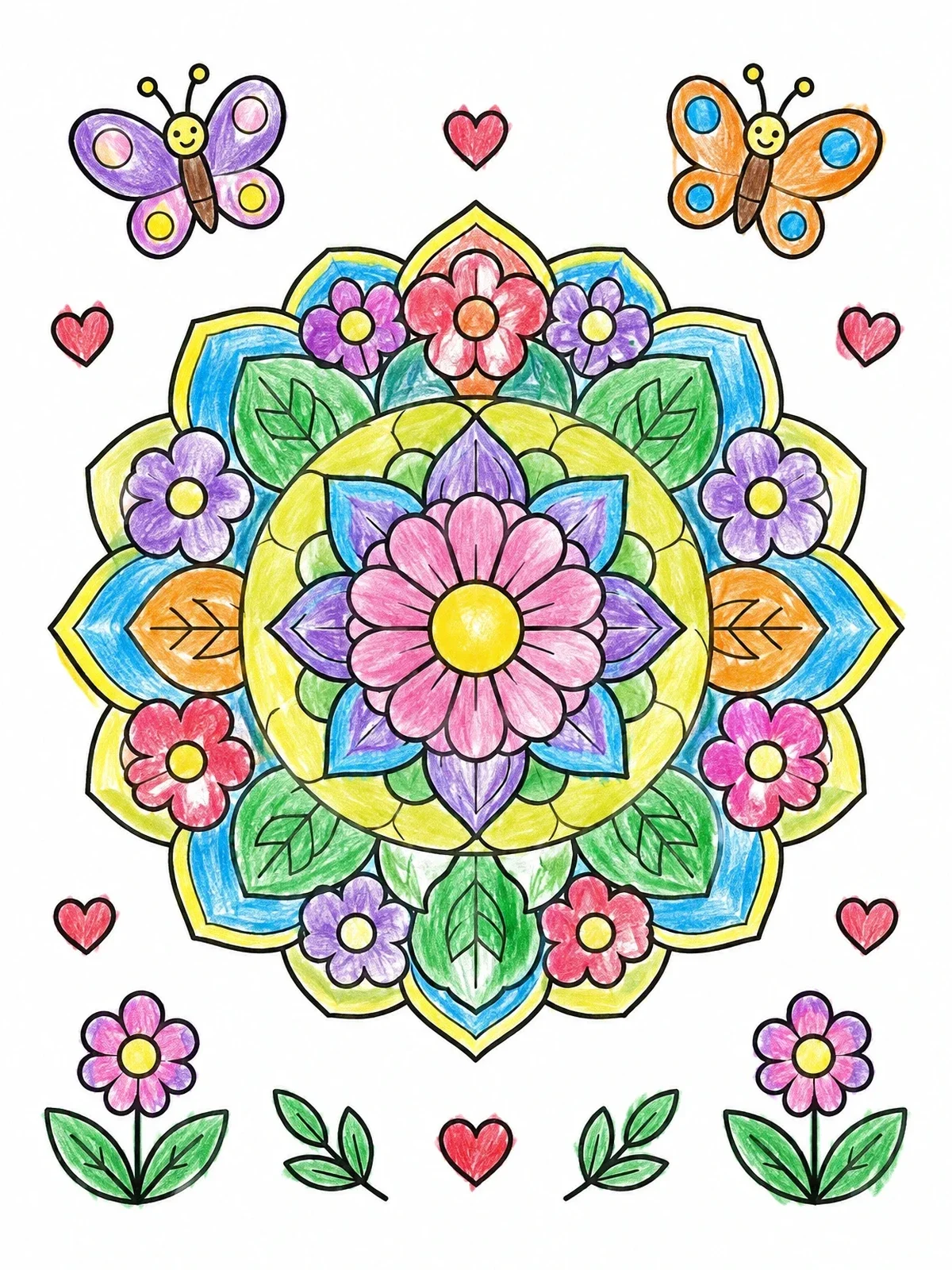 Colored example of the Cute Floral Mandala With Butterflies coloring page