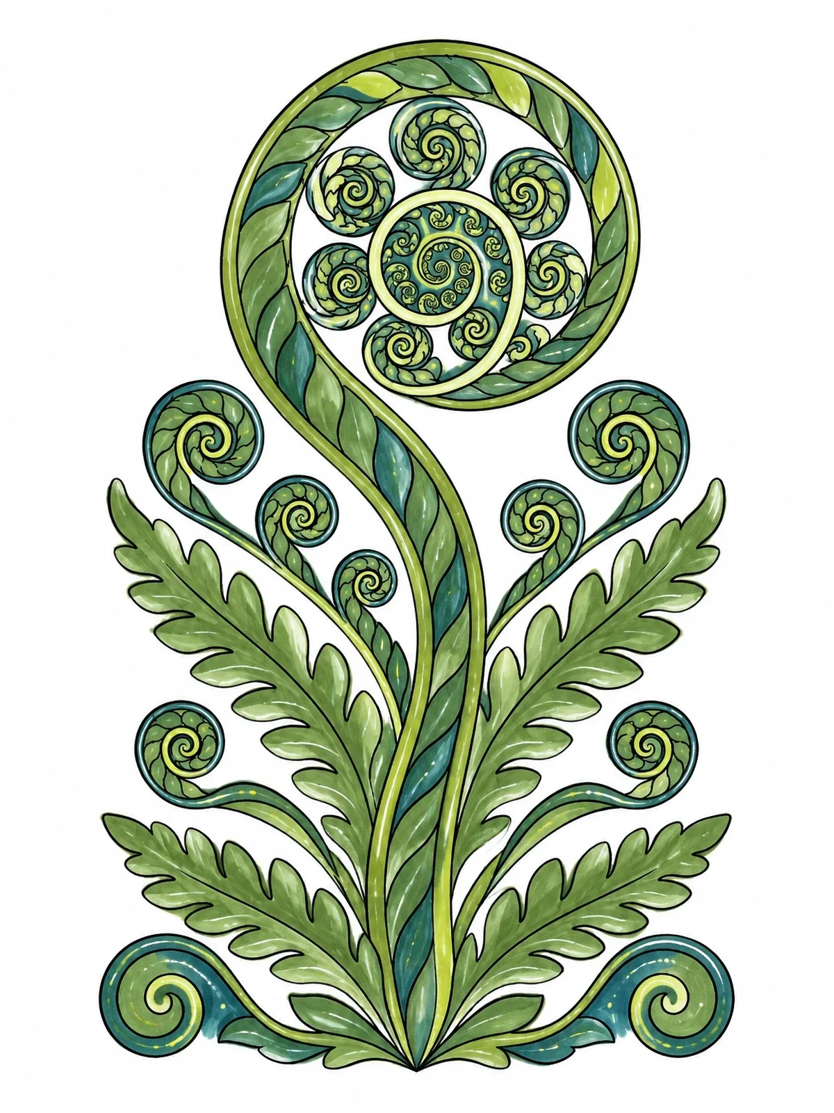 Colored example of the Fractal Fern Fiddlehead Spiral coloring page