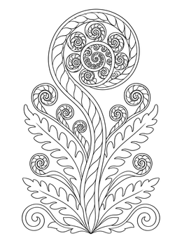 A detailed fractal coloring page showing an ornate spiraling fern fiddlehead with intricate leaves.