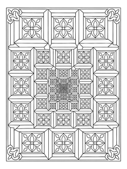 An intricate fractal coloring page featuring nested floral tiles receding into infinite perspective.