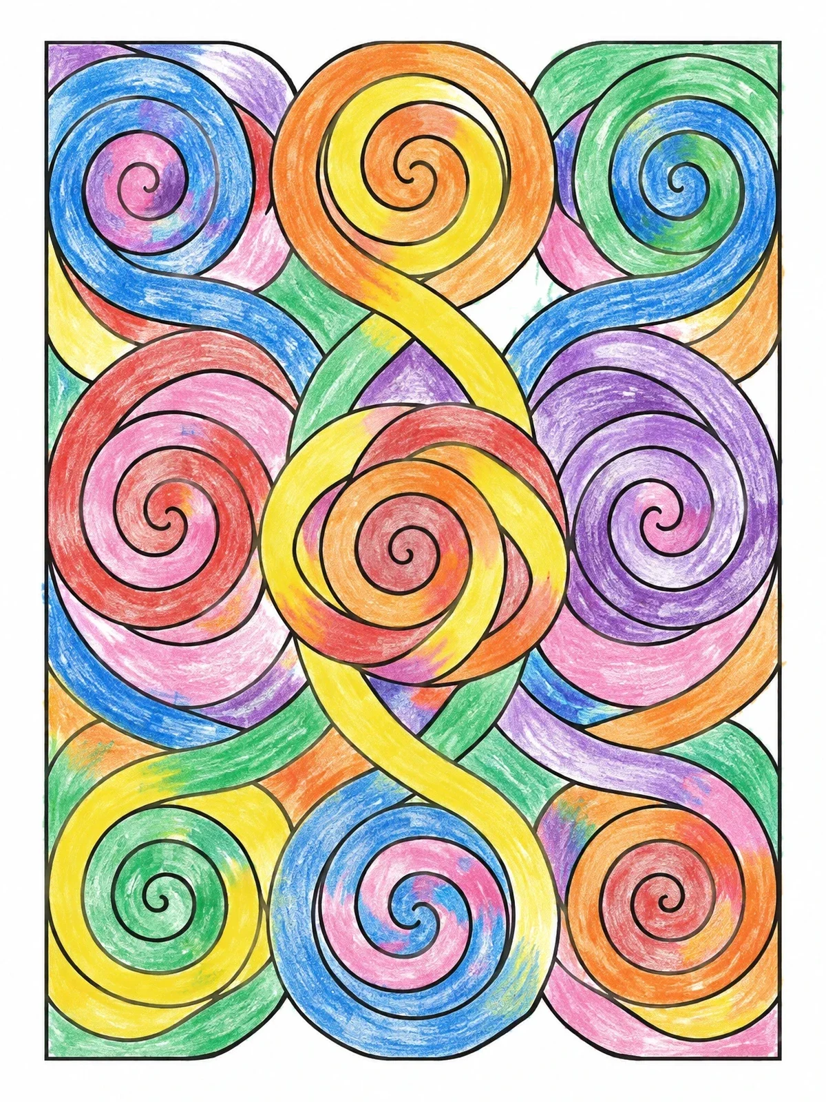 Colored example of the Interlocking Spirals And Flowing Ribbons coloring page