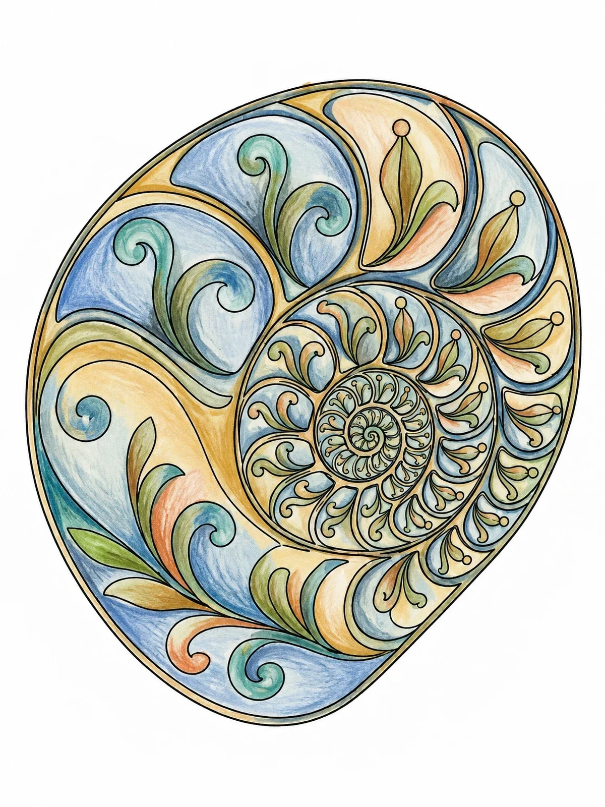 Colored example of the Ornate Nautilus Spiral Pattern coloring page