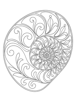 Spiral shell design featured on a detailed fractal coloring page.