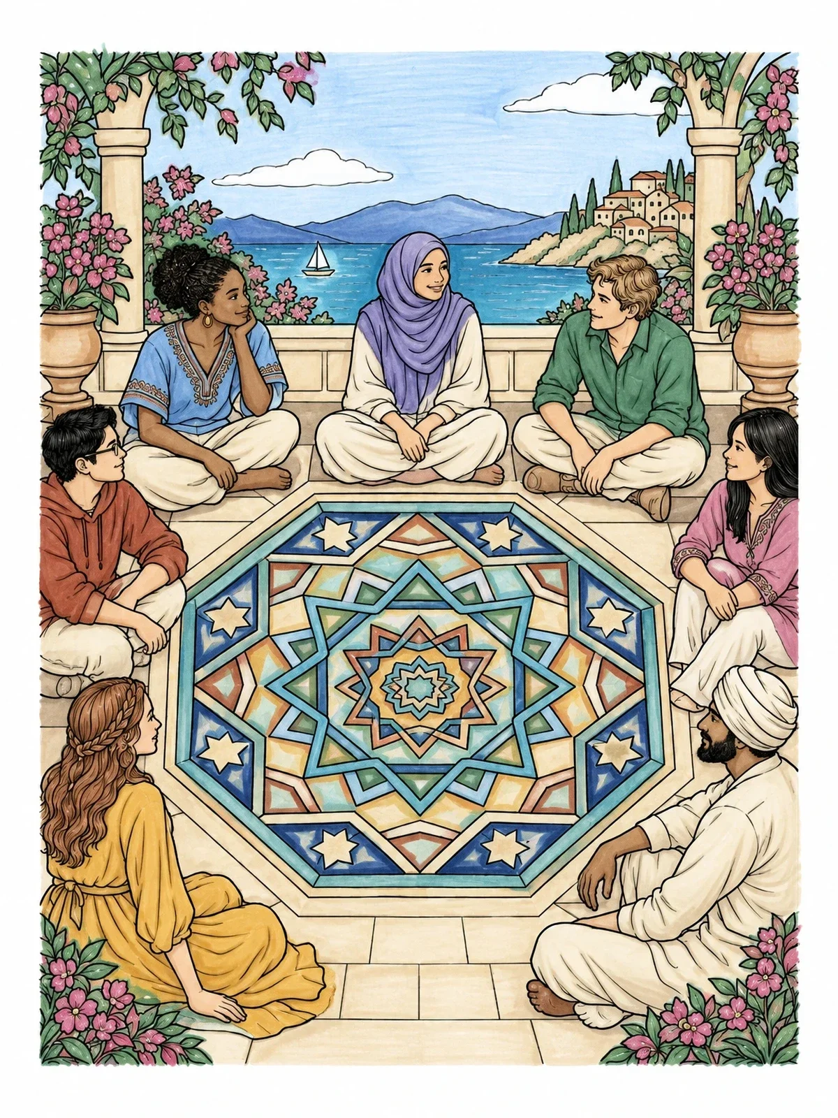 Colored example of the Terrace Gathering Around Geometric Mosaic coloring page