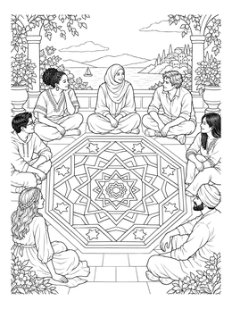 A group gathers on a balcony around a star mosaic in this fractal coloring page.