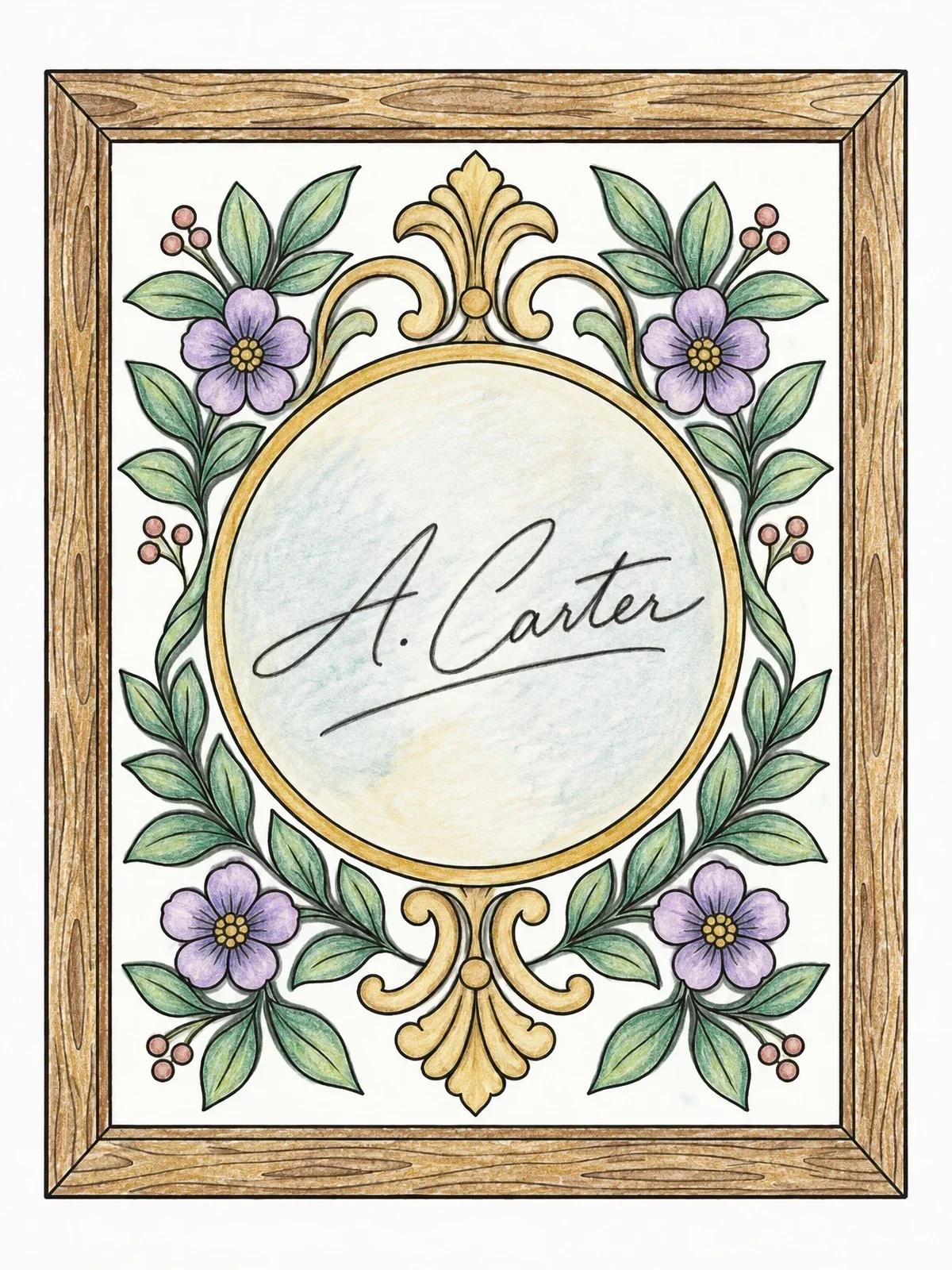 Colored example of the Framed Signed Dot With Floral Border coloring page