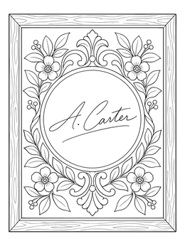 An ornate framed signed dot day coloring page with floral flourishes.
