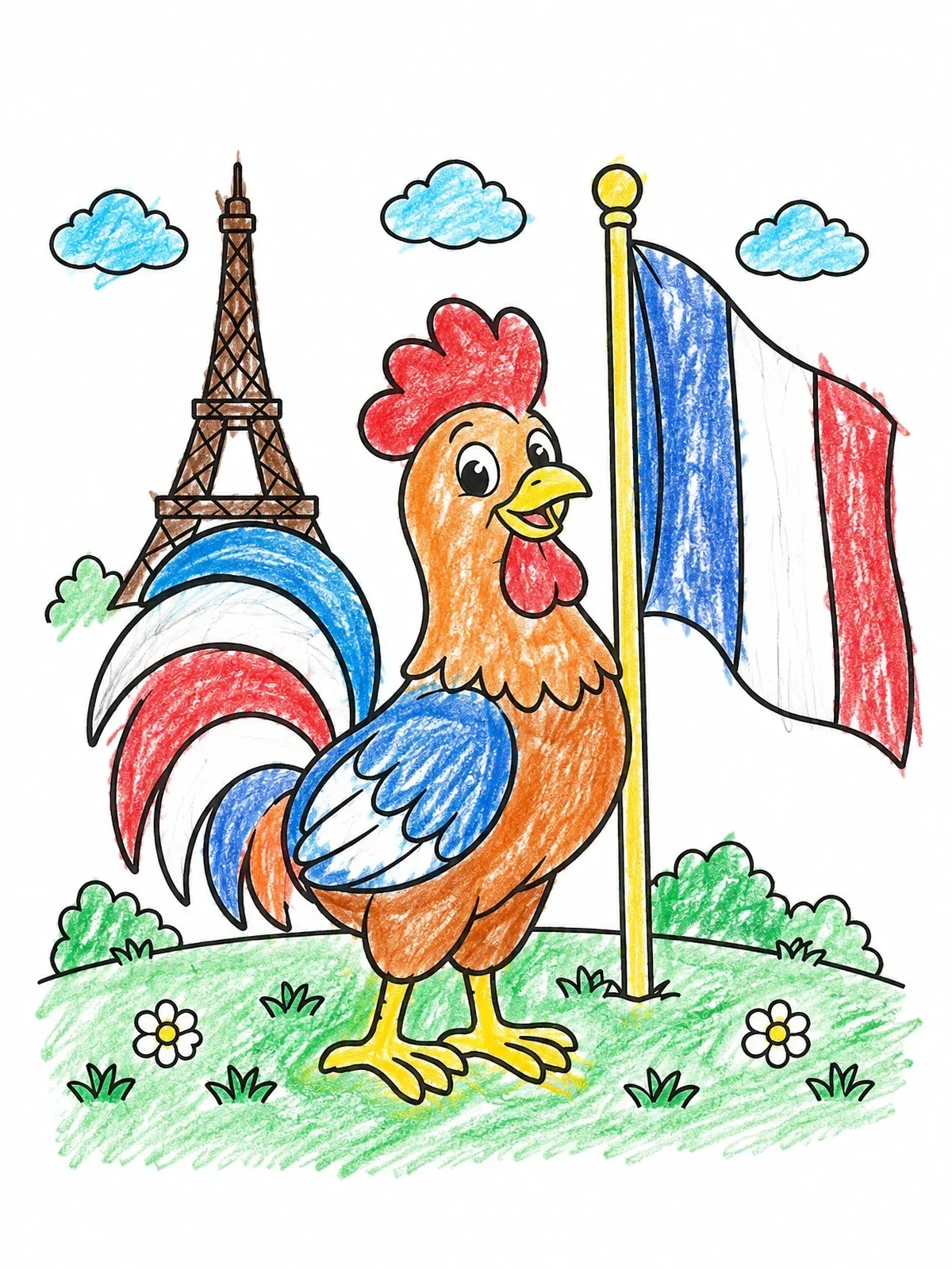 Colored example of the Cheerful Rooster In Paris coloring page