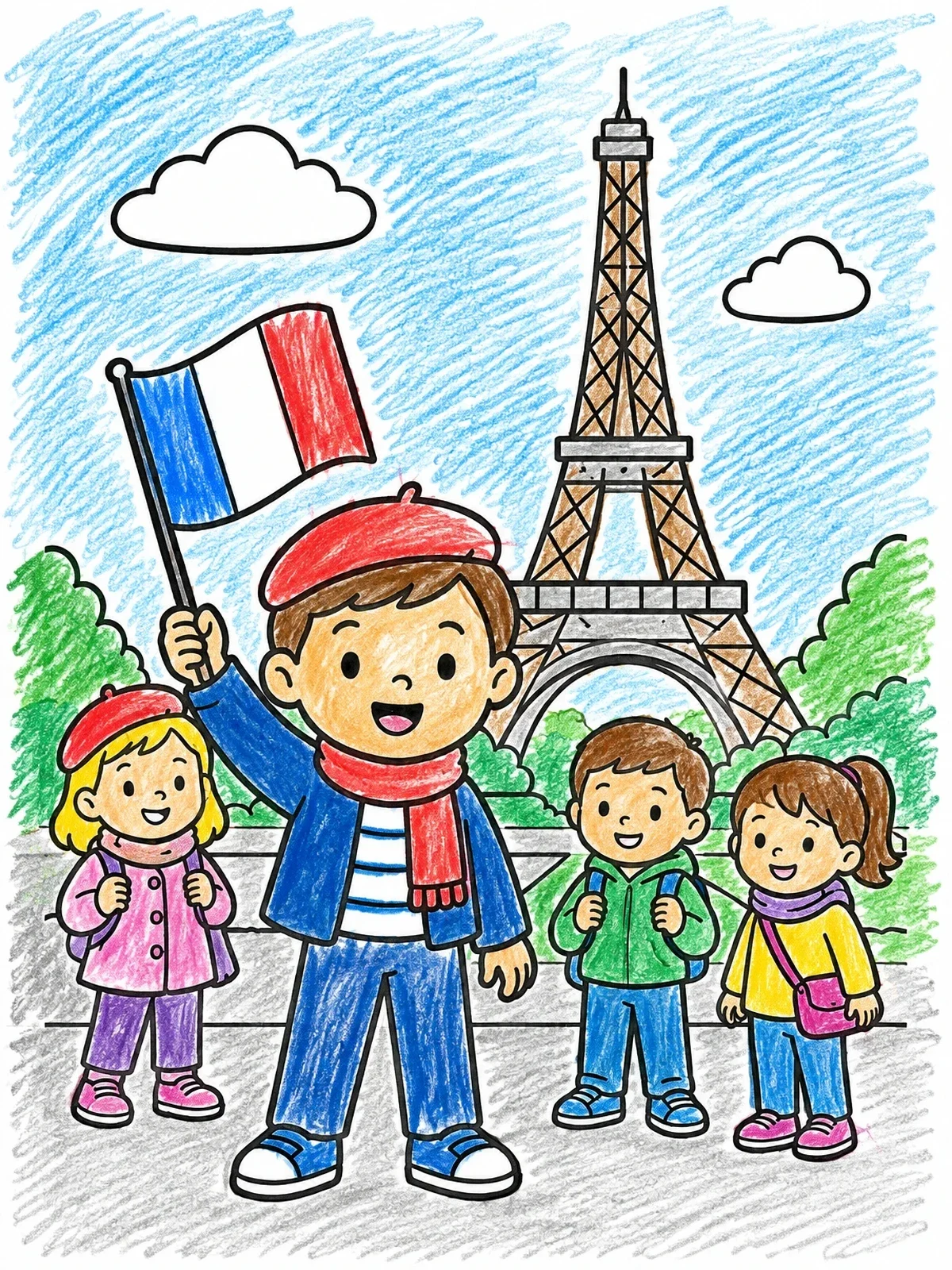 Colored example of the Children Visiting The Eiffel Tower coloring page