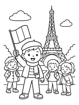 A happy boy holding a flag near the Eiffel Tower on this france coloring page.