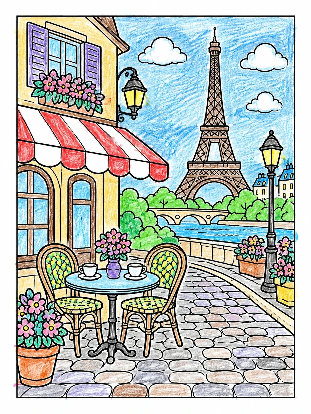 Colored example of the Cozy Parisian Street Cafe By The River coloring page