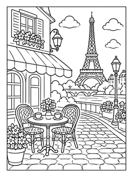 Free printable Cozy Parisian Street Cafe By The River coloring page