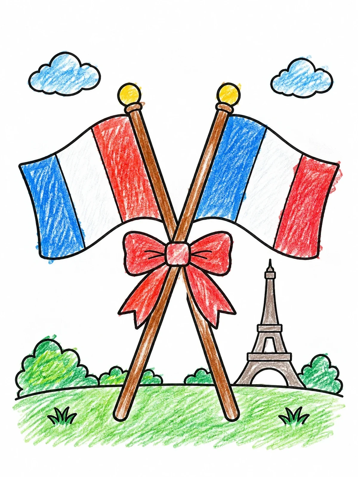 Colored example of the Crossed French Flags With Ribbon coloring page