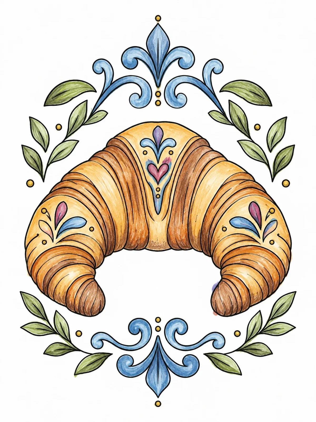 Colored example of the Decorative French Croissant With Flourishes coloring page