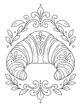An ornate croissant surrounded by leafy filigree on this france coloring page.
