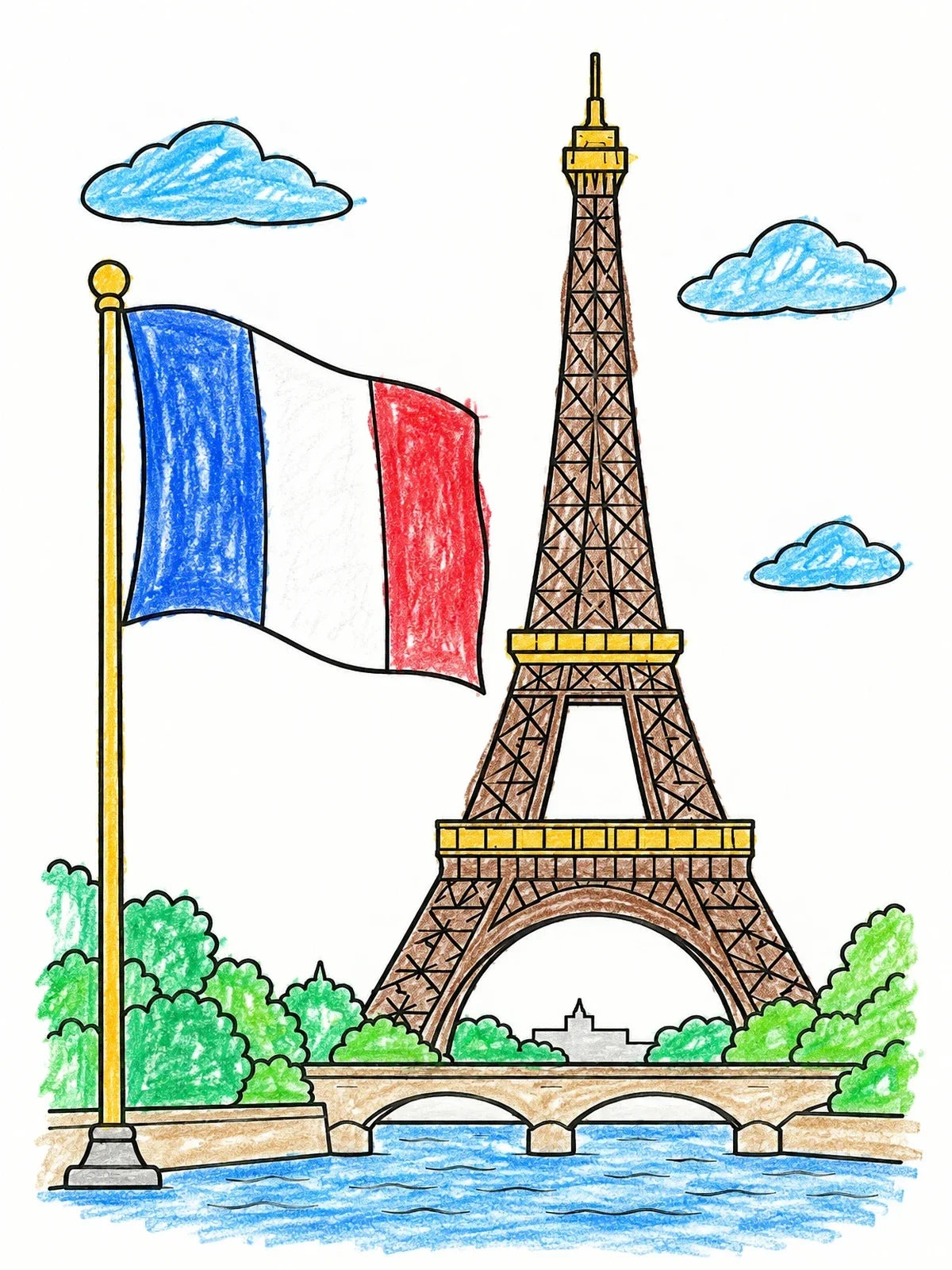 Colored example of the Eiffel Tower With French Flag coloring page