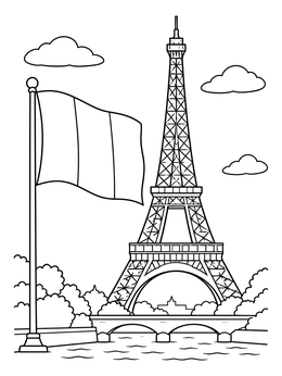 Eiffel Tower and tricolor flag in this france coloring page.
