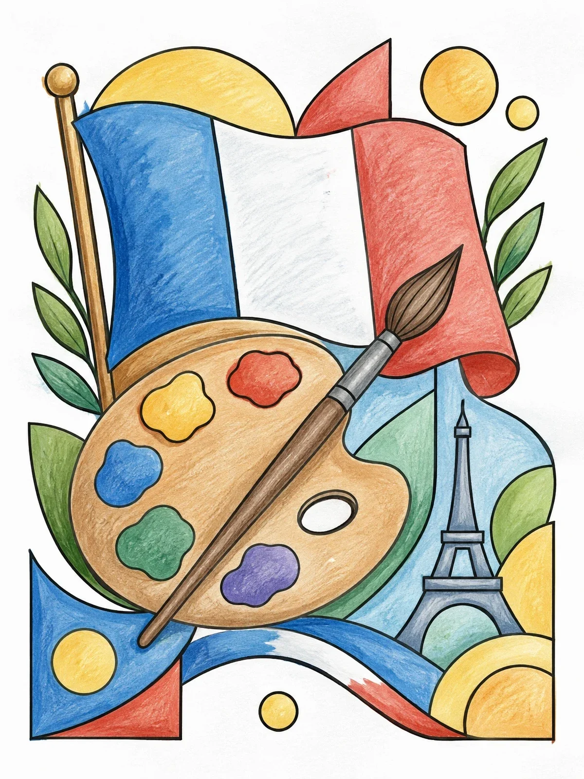 Colored example of the French Artist Palette And Flag coloring page