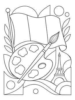 An artist palette, brush, and Eiffel Tower in a stylized france coloring page.