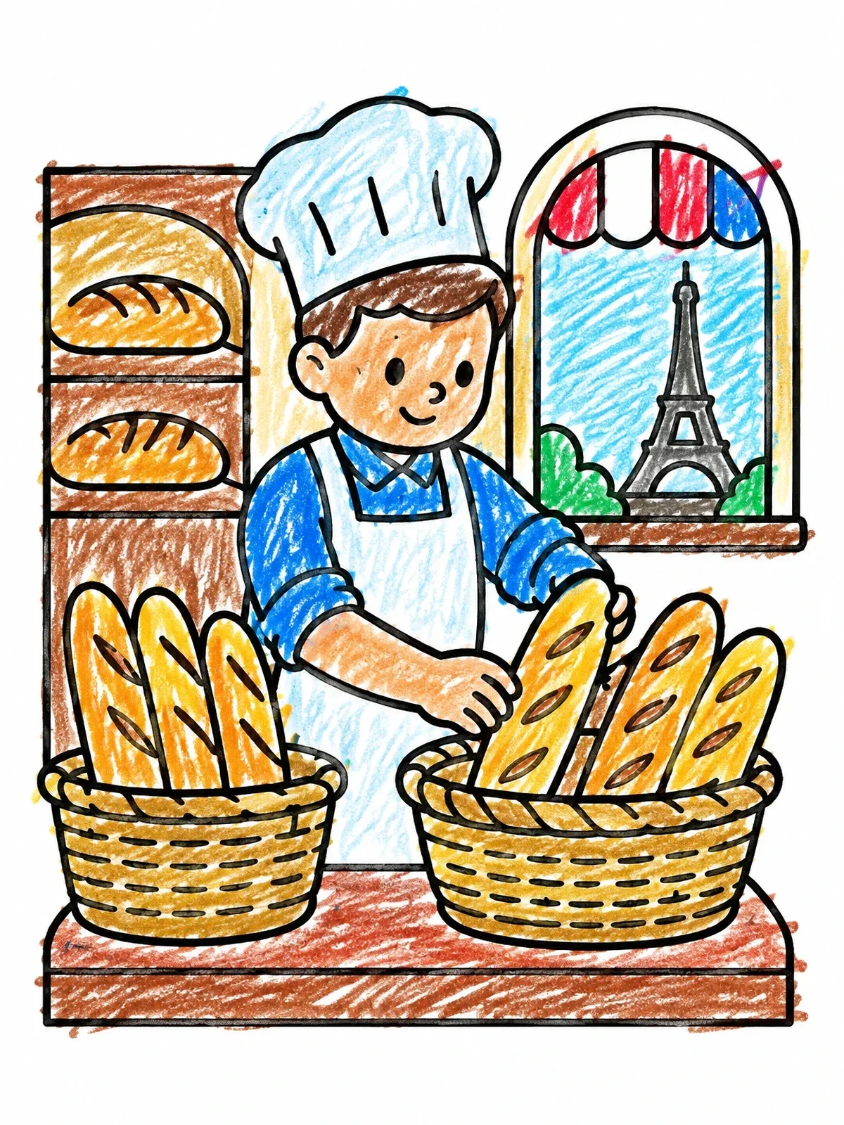 Colored example of the French Baker With Fresh Baguettes coloring page