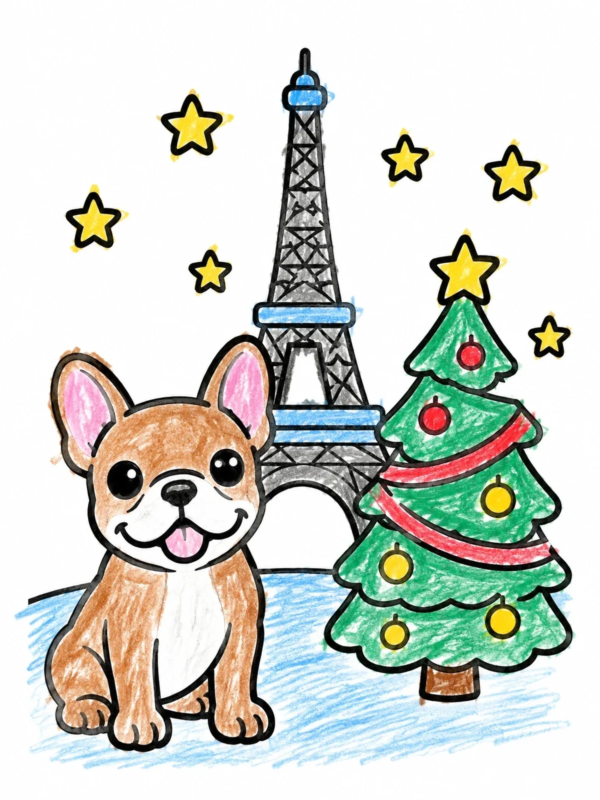 Colored example of the French Bulldog By The Eiffel Tower coloring page