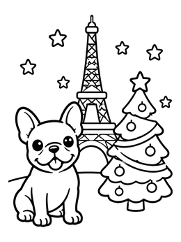 A cute french bulldog sits near a decorated tree and the tower in this france coloring page.