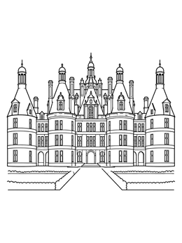 A detailed france coloring page featuring the grand towers and facade of Chateau de Chambord.