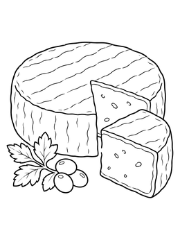 A round cheese wheel with a cut slice and olives in a france coloring page.