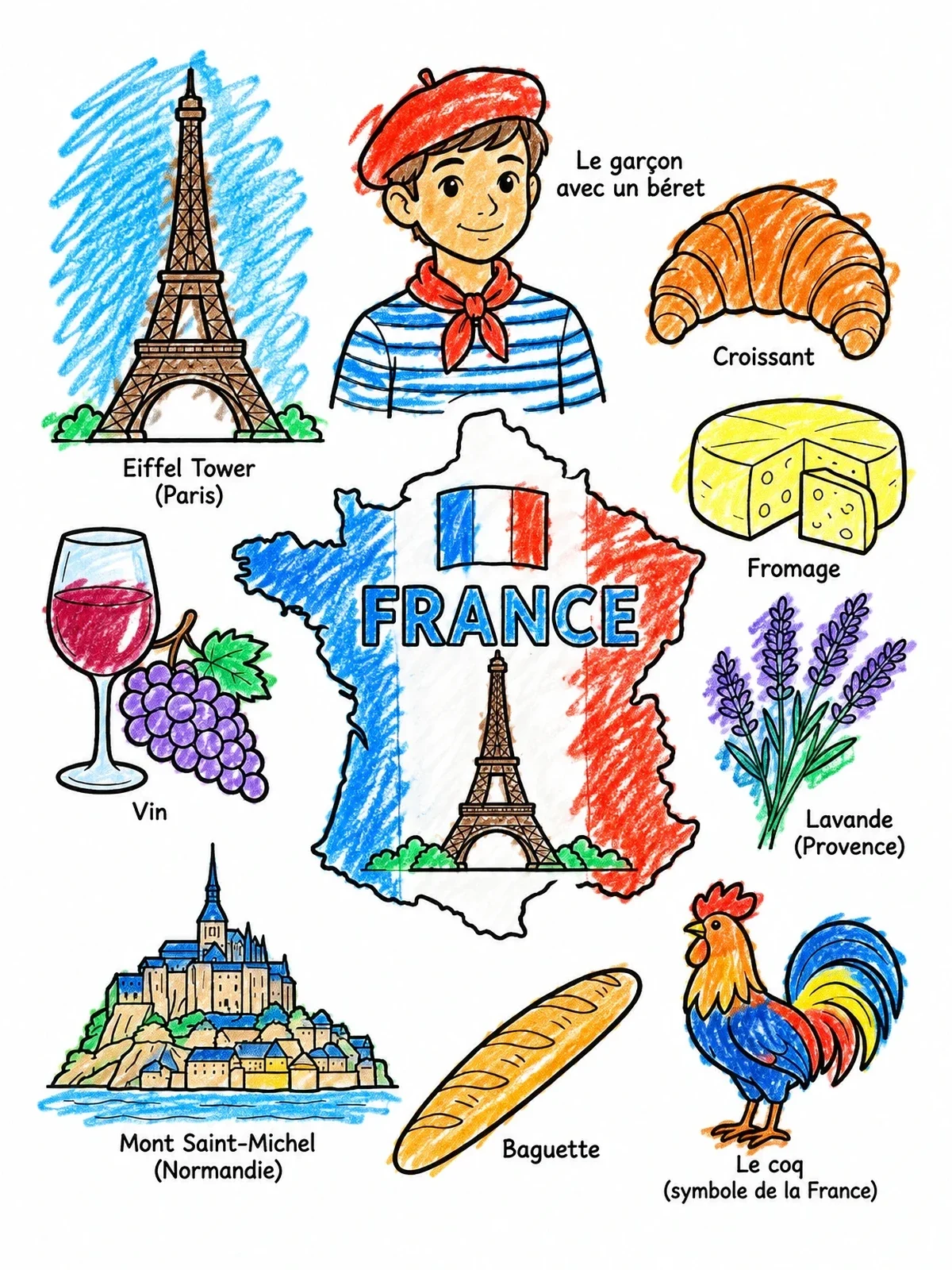 Colored example of the French Cultural Symbols And Landmarks coloring page