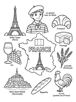 A France coloring page featuring a map, the Eiffel Tower, French food, and landmarks.