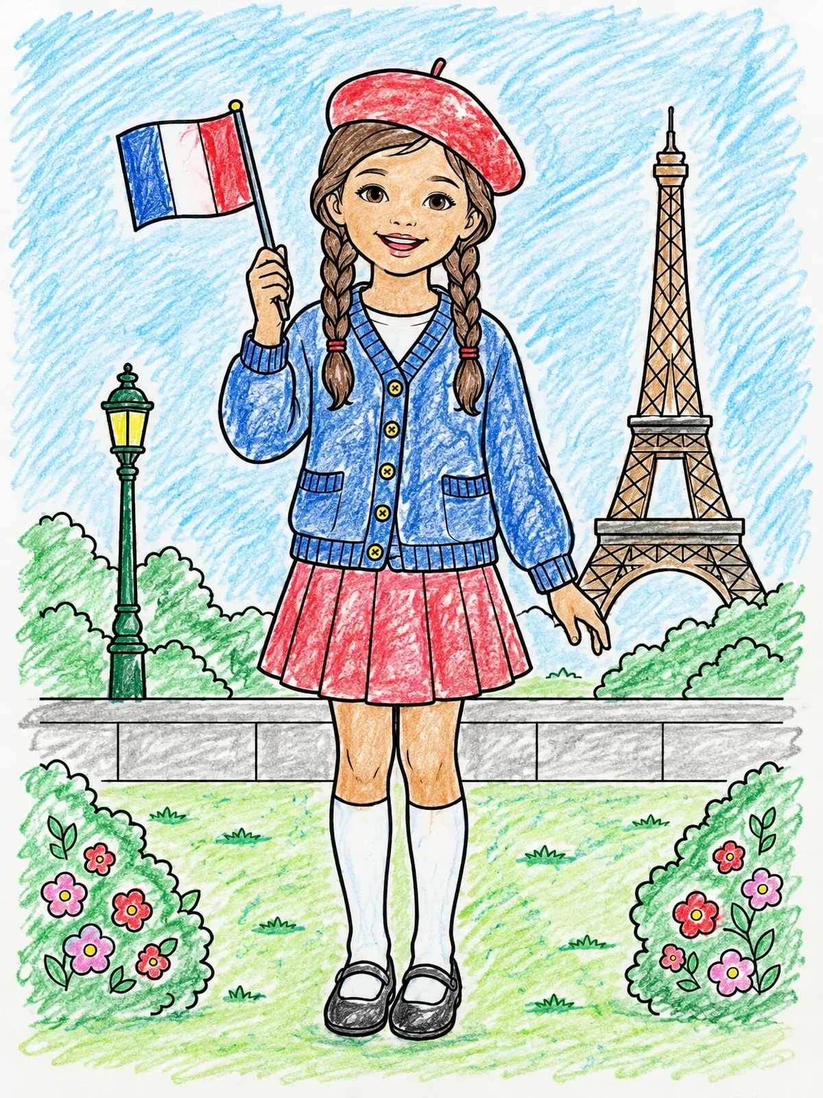 Colored example of the Girl With Beret And Flag In Paris coloring page