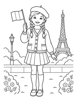 A smiling girl in Paris holding a flag in this france coloring page.