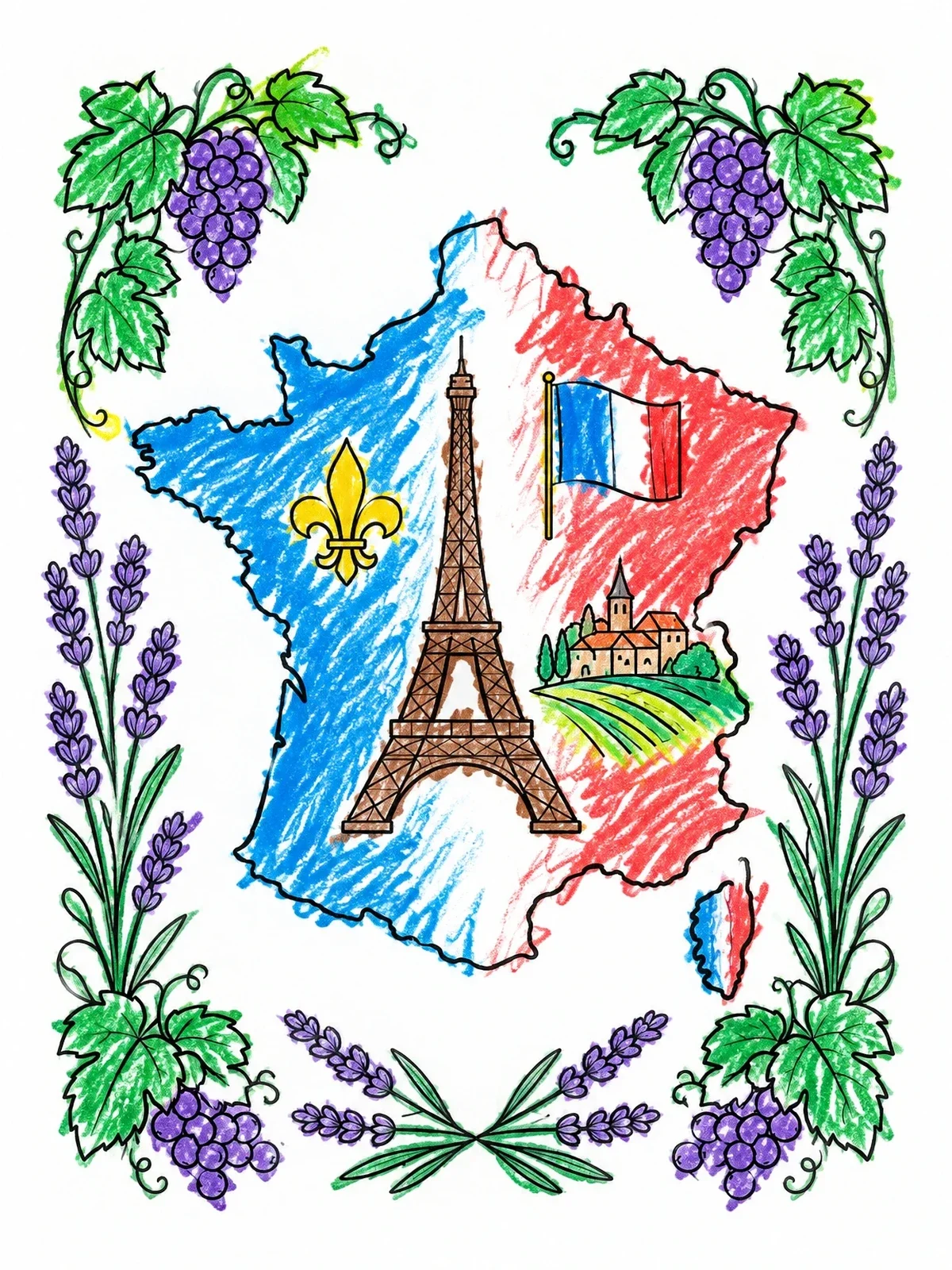 Colored example of the Map Of France With Cultural Symbols coloring page