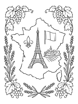 An outline map of France coloring page framed with lavender and grapes.